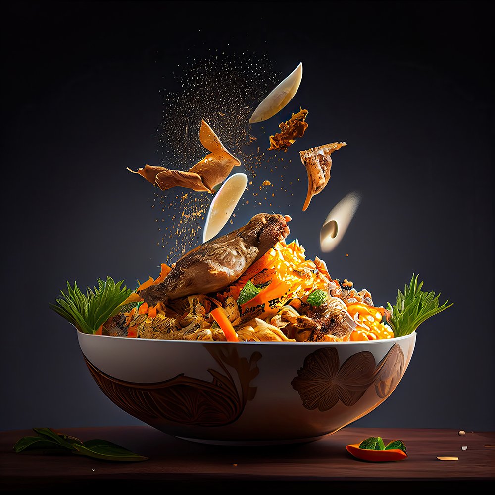 some food in a bowl with spoons and sping it into the bowl, on a wooden table against a dark background